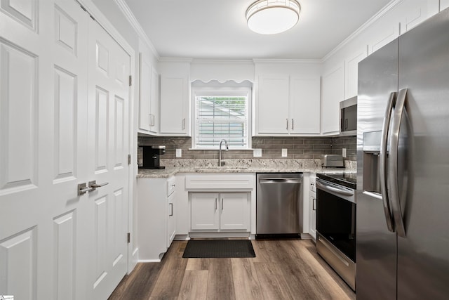 kitchen with stainless steel appliances, white cabinetry, dark hardwood / wood-style floors, and sink