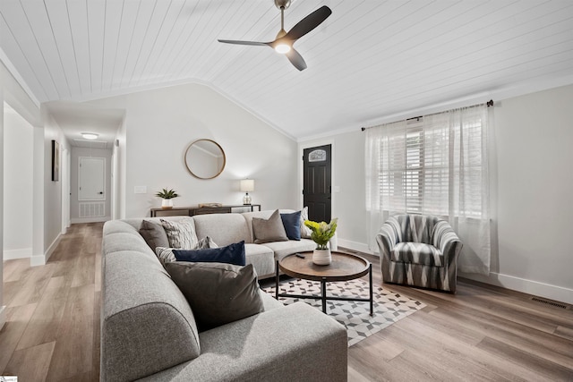 living room featuring ceiling fan, light hardwood / wood-style floors, wooden ceiling, and vaulted ceiling