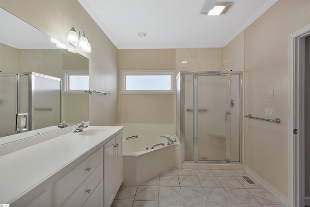 124 Bradley Park, Anderson, SC 29621 - bathroom featuring a shower stall, vanity, a garden tub, and crown molding