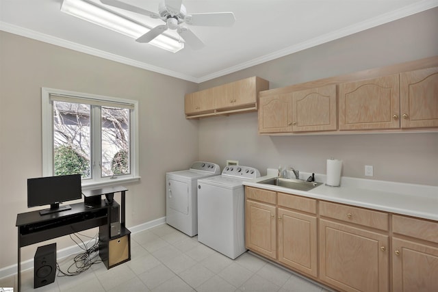 124 Bradley Park, Anderson, SC 29621 - laundry room with independent washer and dryer, cabinet space, crown molding, ceiling fan, and baseboards