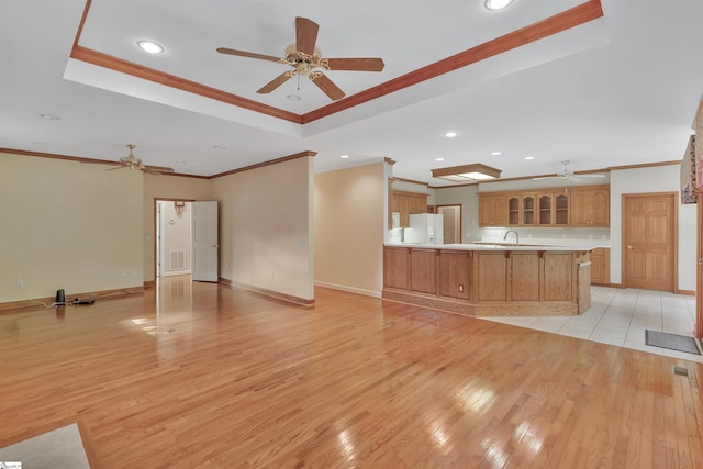124 Bradley Park, Anderson, SC 29621 - unfurnished living room with a ceiling fan, a raised ceiling, light wood-style floors, a sink, and recessed lighting