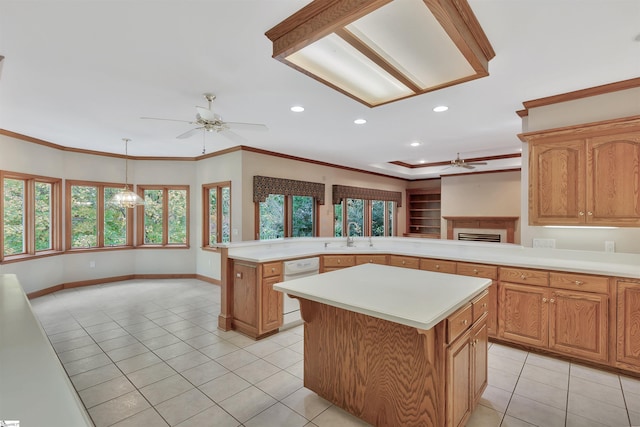 124 Bradley Park, Anderson, SC 29621 - kitchen with ceiling fan, a center island, light tile patterned floors, dishwasher, and light countertops