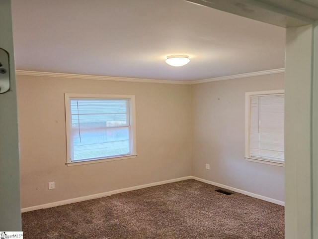 empty room featuring carpet floors and ornamental molding