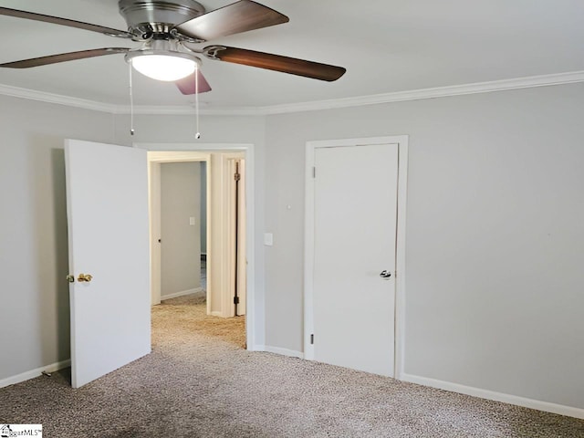 unfurnished bedroom with light carpet, ceiling fan, and ornamental molding