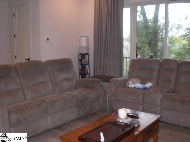 living room with plenty of natural light and light hardwood / wood-style flooring