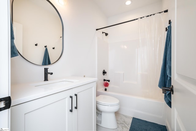 full bathroom with shower / bath combination with curtain, vanity, and toilet