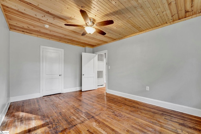 unfurnished bedroom with wood ceiling, ceiling fan, and wood-type flooring