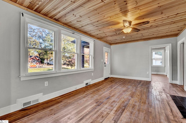 spare room featuring hardwood / wood-style flooring, ceiling fan, wooden ceiling, and ornamental molding