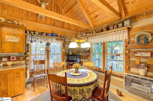 dining area featuring wood ceiling, heating unit, lofted ceiling with beams, and light hardwood / wood-style floors