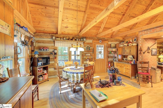 dining area with light hardwood / wood-style floors, wooden ceiling, beam ceiling, and high vaulted ceiling