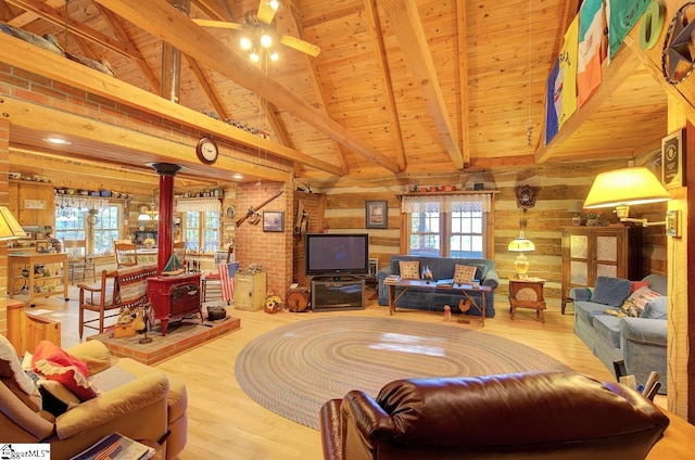 living room featuring a wood stove, wooden walls, hardwood / wood-style floors, and wood ceiling