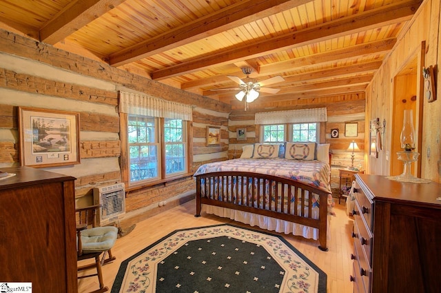 bedroom featuring beamed ceiling, light hardwood / wood-style flooring, ceiling fan, and wood ceiling