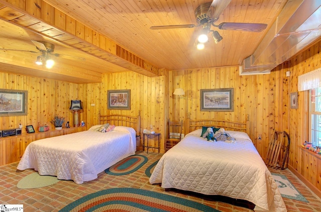 bedroom featuring wooden walls, ceiling fan, and wood ceiling