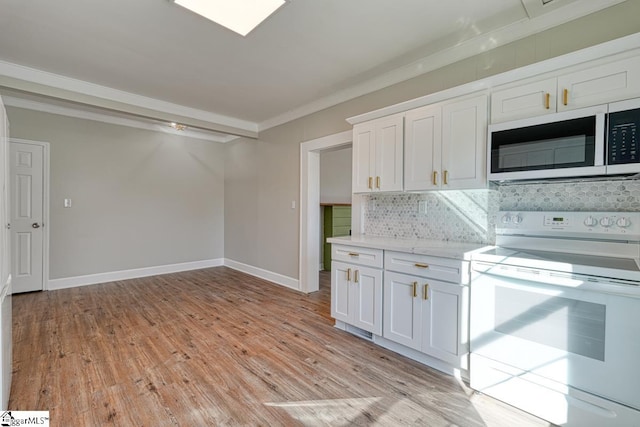 kitchen with white cabinets, crown molding, light wood-type flooring, tasteful backsplash, and white range with electric stovetop