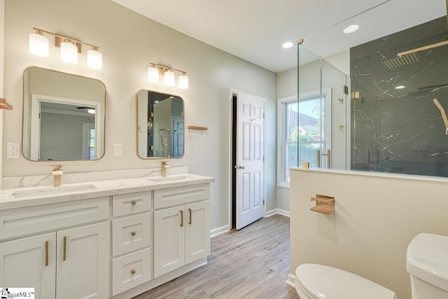 bathroom with vanity, toilet, wood-type flooring, and walk in shower