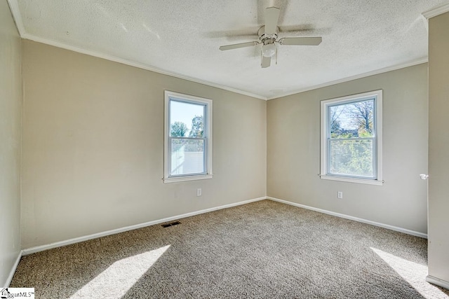 carpeted spare room with ceiling fan, ornamental molding, and a textured ceiling