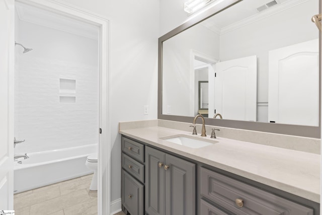 full bathroom with tile patterned floors, vanity, toilet, and crown molding