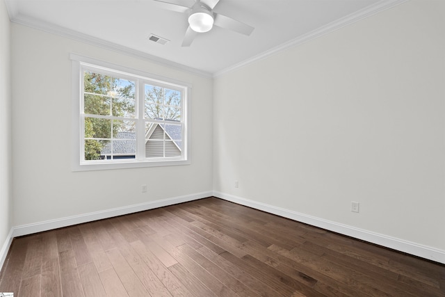 unfurnished room with ceiling fan, ornamental molding, and hardwood / wood-style flooring