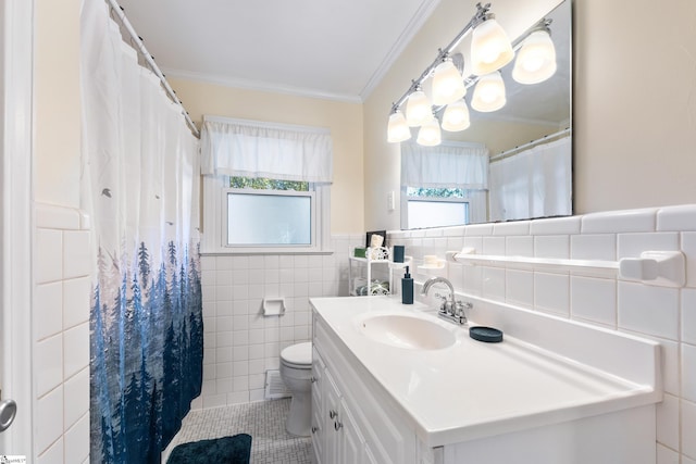 bathroom featuring ornamental molding, vanity, tile walls, tile patterned flooring, and toilet