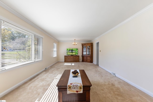 unfurnished dining area with crown molding, light carpet, and an inviting chandelier