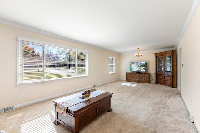 living room with a chandelier, crown molding, and light colored carpet