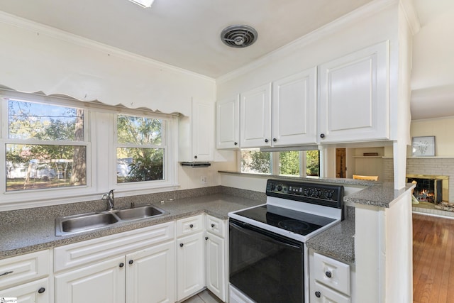 kitchen with white cabinets, white electric range oven, sink, and hardwood / wood-style flooring