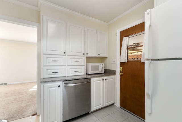 kitchen with white cabinetry, white appliances, ornamental molding, and light carpet