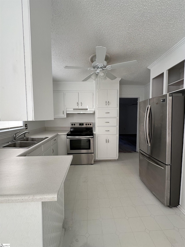 kitchen with white cabinets, sink, ceiling fan, appliances with stainless steel finishes, and kitchen peninsula