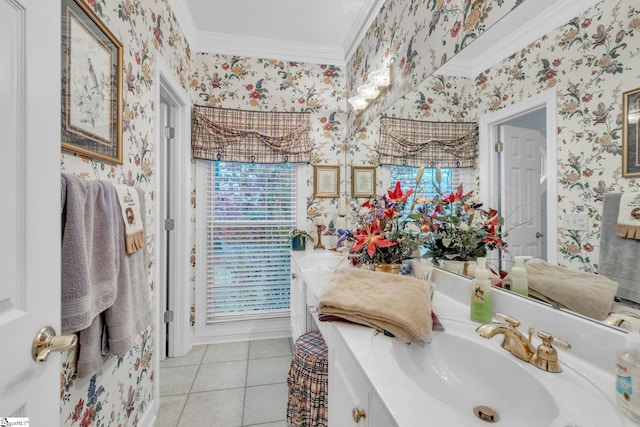 bathroom featuring ornamental molding, tile patterned floors, vanity, and wallpapered walls