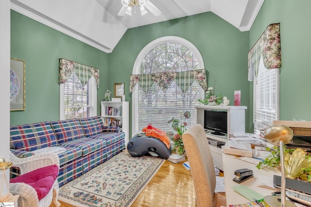 living room with a ceiling fan, vaulted ceiling, and wood finished floors