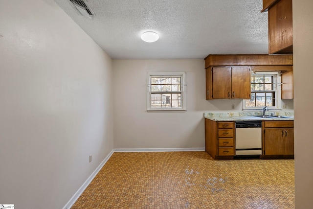 kitchen with a textured ceiling, white dishwasher, plenty of natural light, and sink