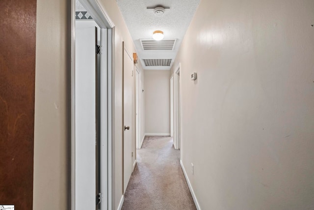 hall featuring light colored carpet and a textured ceiling