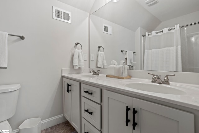 bathroom featuring vanity, toilet, and lofted ceiling