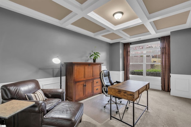 office space with beam ceiling, light colored carpet, and coffered ceiling