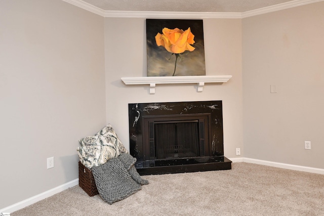 interior details featuring carpet flooring, crown molding, and a textured ceiling