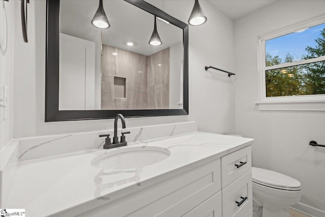 bathroom featuring vanity, toilet, and walk in shower