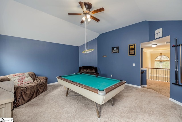 playroom with carpet, ceiling fan with notable chandelier, lofted ceiling, and pool table