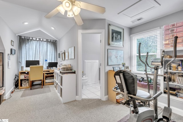 office space with light carpet, vaulted ceiling, and ceiling fan