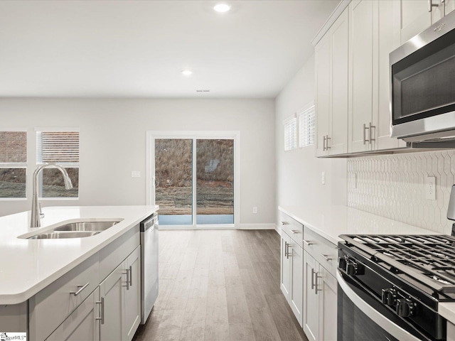 kitchen with sink, white cabinetry, light hardwood / wood-style flooring, stainless steel appliances, and decorative backsplash