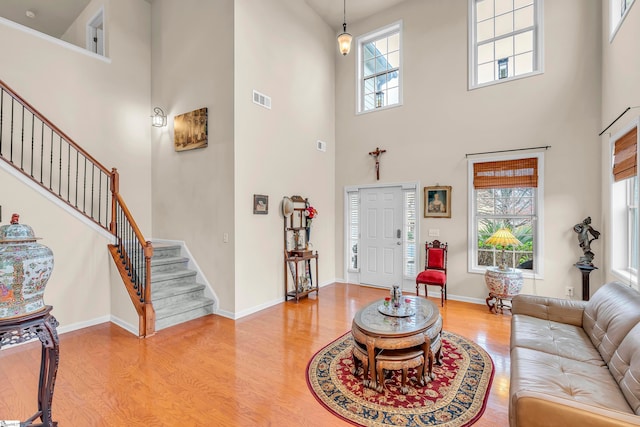 living room featuring light hardwood / wood-style flooring, a towering ceiling, and a healthy amount of sunlight