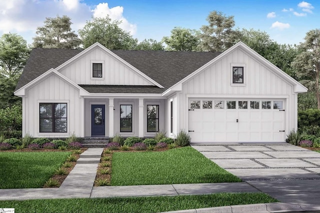 modern farmhouse style home with a garage and a front lawn