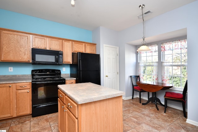 kitchen with hanging light fixtures, a kitchen island, and black appliances