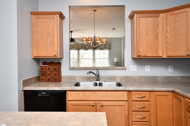 kitchen featuring dishwasher, pendant lighting, an inviting chandelier, and sink