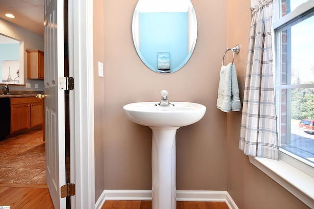 bathroom with wood-type flooring and sink