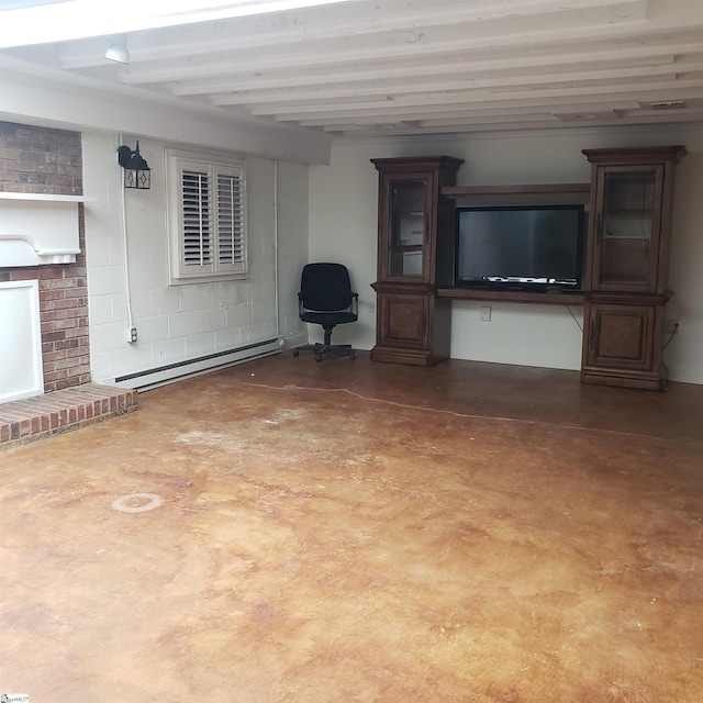 unfurnished living room featuring beam ceiling, concrete floors, and a baseboard radiator