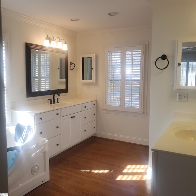 bathroom with vanity, wood-type flooring, and ornamental molding