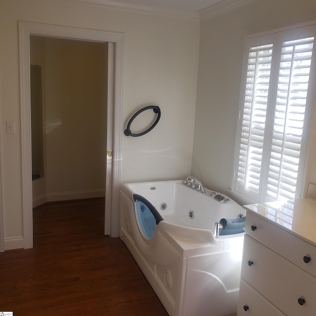 clothes washing area featuring crown molding and dark hardwood / wood-style floors