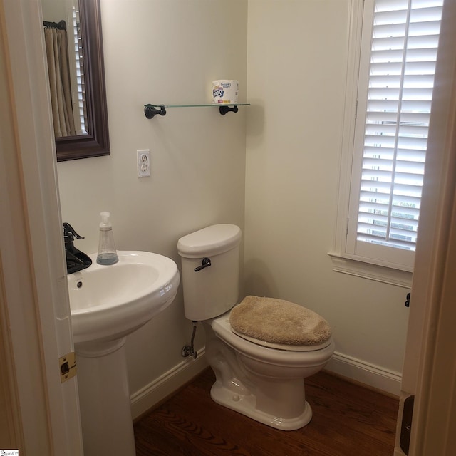 bathroom with hardwood / wood-style flooring and toilet