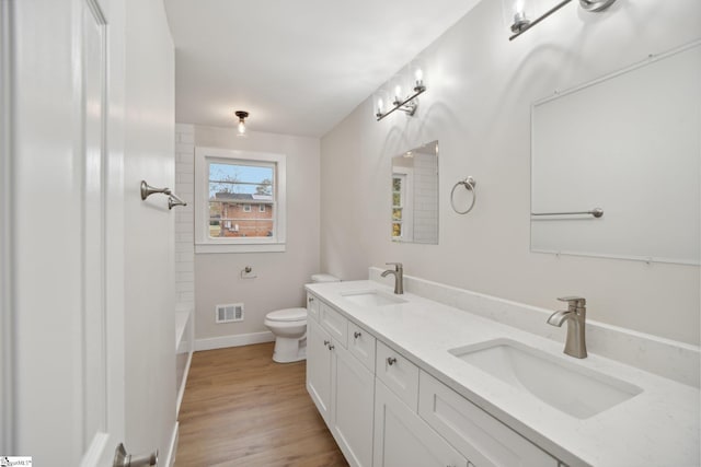 bathroom featuring vanity, toilet, and wood-type flooring