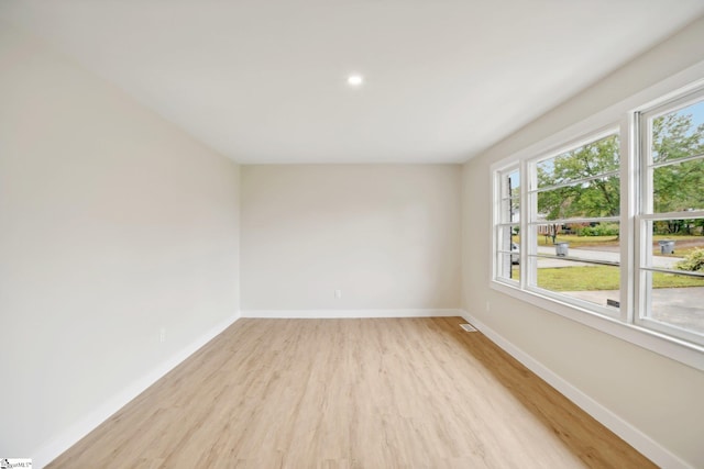 empty room with a wealth of natural light and light hardwood / wood-style flooring